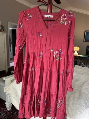 Figueroa & Flower BOHO Burgundy Embroidered Gauze Dress Size S Long Sleeve